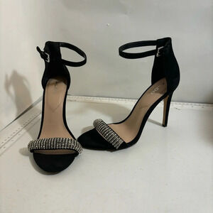 Aldo women’s black velvet crystal embellished strappy stiletto  heeled sandals 9